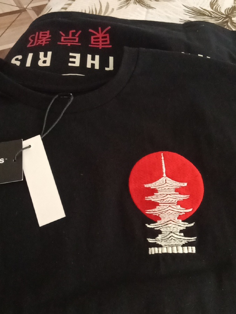Men's Black Graphic T-Shirt with Red Sun Embroidery